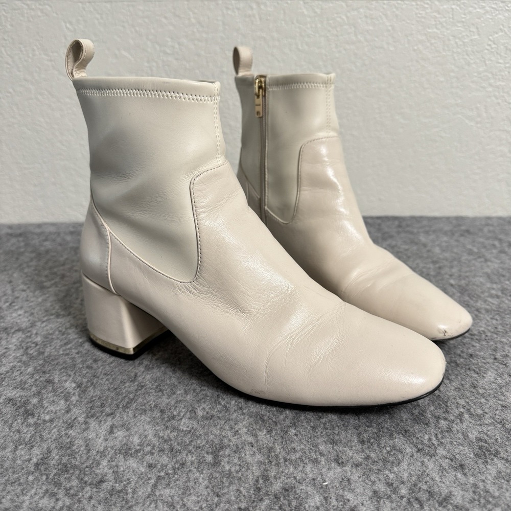 Coach Ivory Leather Block Heel Ankle Boots Size 8.5 Elegant Minimal Booties